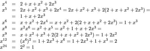 \begin{displaymath}
\begin{array}
{rcl} x^{4}&=&2+x+x^{2}+2x^{3}\\  x^{5}&=&2x+x...
 ...+2x^{3}+x^{6}=1+2x^{3}+1+x^{3}=2\\  x^{24}&=&2^{2}=1\end{array}\end{displaymath}