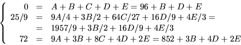 \begin{displaymath}
\left\{\begin{array}
{rcl}
 0&=&A+B+C+D+E=96+B+D+E\\  25/9&=...
 ...6D/9+4E/3\\  72&=&9A+3B+8C+4D+2E=852+3B+4D+2E\end{array}\right.\end{displaymath}