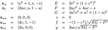 \begin{displaymath}
\begin{array}
{rclcrcl}
 \mathbf x_{u}&=&(v^{2}+1,v,-v) &
 \...
 ...thbf x_{vv}&=&(2u,0,0)& & g&=&2uv/\sqrt{EG-F^{2}}
 \end{array} \end{displaymath}