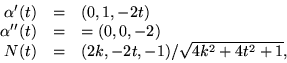 \begin{displaymath}
\begin{array}
{rcl}
 \alpha'(t)&=&(0,1,-2t)\\  \alpha''(t)&=...
 ...-2)\\  N(t)&=&(2k,-2t,-1)/\sqrt{4k^{2}+4t^{2}+1},
 \end{array} \end{displaymath}