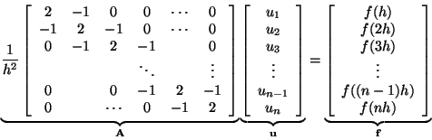 \begin{displaymath}
\underbrace{
\frac{1}{h^2}
\left[
\begin{array}{cccccc}
2 & ...
...\\
\vdots\\
f((n-1)h)\\
f(nh)
\end{array}\right]}_{{\bf f}}
\end{displaymath}