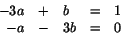 \begin{displaymath}\begin{array}{rclcl}
-3a&+&b&=&1\\
-a&-&3b&=&0
\end{array} \end{displaymath}