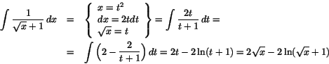 \begin{eqnarray*}
\int\frac{1}{\sqrt{x}+1}\,dx&=&\left\{
\begin{array}{l}
...
...-\frac{2}{t+1}\Big)\,dt=2t-2\ln(t+1)=2\sqrt{x}-2\ln(\sqrt{x}+1)
\end{eqnarray*}