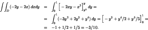 \begin{eqnarray*}
\int\!\int_D (-2y-2x)\,dxdy&=&\int_0^1\Big[-2xy-x^2\Big]_{y^2...
...\, dy=\Big[-y^3+y^4/2+y^5/5\Big]_0^1=\\
&=&-1+1/2+1/5=-3/10.
\end{eqnarray*}