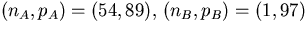 $(n_{A},p_{A})=(54,89),\,(n_{B},p_{B})=(1,97)$