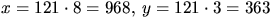 $x=121\cdot 8=968,\,y=121\cdot 3=363$