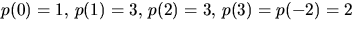 $p(0)=1,\,p(1)=3,\,p(2)=3,\,p(3)=p(-2)=2$