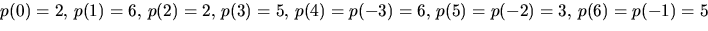 $p(0)=2,\,p(1)=6,\,p(2)=2,\,p(3)=5,\,p(4)=p(-3)=6,\,p(5)=p(-2)=3,\,
p(6)=p(-1)=5$