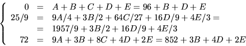 \begin{displaymath}
\left\{\begin{array}
{rcl}
0&=&A+B+C+D+E=96+B+D+E\\ 25/9&=...
...6D/9+4E/3\\ 72&=&9A+3B+8C+4D+2E=852+3B+4D+2E\end{array}\right.\end{displaymath}