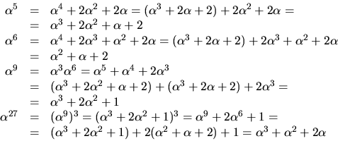 \begin{displaymath}
\begin{array}
{rcl}
 \alpha^{5}&=&\alpha^{4}+2\alpha^{2}+2\a...
 ...{2}+\alpha+2)+1=
 \alpha^{3}+\alpha^{2}+2\alpha
 \end{array} 
 \end{displaymath}