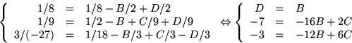 \begin{displaymath}
\left\{
\begin{array}
{rcl}
1/8&=&1/8-B/2+D/2\\ 1/9&=&1/2...
...cl}
D&=&B\\ -7&=&-16B+2C\\ -3&=&-12B+6C
\end{array}\right.\end{displaymath}
