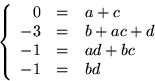 \begin{displaymath}
\left\{
 \begin{array}
{rcl}
 0&=&a+c\\  -3&=&b+ac+d\\  -1&=&ad+bc\\  -1&=&bd
 \end{array}\right.\end{displaymath}