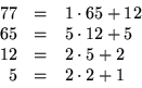 \begin{displaymath}
\begin{array}
{rcl}
 77&=&1\cdot 65+12\\  65&=&5\cdot 12+5\\  12&=&2\cdot 5+2\\  5&=&2\cdot 2+1\end{array}\end{displaymath}