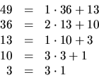 \begin{displaymath}
\begin{array}
{rcl}
 49 &=& 1\cdot 36+13\  36 &=& 2\cdot 13...
 ... 1\cdot 10+3\  10 &=& 3\cdot 3 +1\  3 &=& 3\cdot 1\end{array}\end{displaymath}