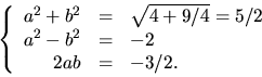 \begin{displaymath}
\left\{
 \begin{array}
{rcl}
 a^{2}+b^{2}&=&\sqrt{4+9/4}=5/2\\  a^{2}-b^{2}&=&-2\\  2ab&=& -3/2.
 \end{array}\right.\end{displaymath}