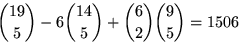 \begin{displaymath}
{19\choose 5}-6{14\choose 5}+{6\choose 2}{9\choose 5}=1506
 \end{displaymath}