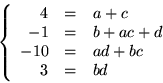 \begin{displaymath}\left\{
\begin{array}{rcl}
4 &=& a+c\\
-1 & = & b+ac+d\\
-10& = & ad+bc\\
3 &=& bd
\end{array}\right.
\end{displaymath}