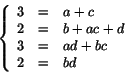 \begin{displaymath}
\left\{
\begin{array}{rcl}
3 &=& a+c\\
2 &=& b+ac+d\\
3 &=& ad+bc\\
2 &=& bd
\end{array}\right.
\end{displaymath}