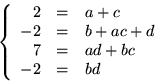 \begin{displaymath}
\left\{\begin{array}
{rcl}
 2&=&a+c\\  -2 &=& b+ac+d\\  7&=& ad+bc\\  -2&=&bd
 \end{array}\right.
 \end{displaymath}