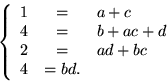 \begin{displaymath}
\left\{
 \begin{array}
{rcl}
 1&=&a+c\\  4&=&b+ac+d\\  2&=&ad+bc\\  4&=bd.\\  \end{array}\right.
 \end{displaymath}