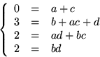 \begin{displaymath}
\left\{
 \begin{array}
{rcl}
 0&=&a+c\\  3&=&b+ac+d\\  2&=&ad+bc\\  2&=&bd
 \end{array}\right.
 \end{displaymath}