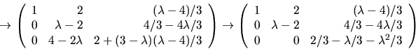 \begin{displaymath}
\rightarrow
 \left(\begin{array}
{rrr}
 1&2&(\lambda-4)/3\\ ...
 ...4\lambda/3\\  0&0&2/3-\lambda/3-\lambda^{2}/3\end{array}\right)\end{displaymath}