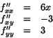 \begin{displaymath}
\begin{array}{rcl}
f''_{xx}&=&6x\\
f''_{xy}&=&-3\\
f''_{yy}&=&3
\end{array}
\end{displaymath}