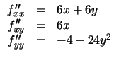 $\displaystyle \begin{array}{rcl}
f''_{xx}&=&6x+6y\\
f''_{xy}&=&6x\\
f''_{yy}&=&-4-24y^{2}
\end{array}$