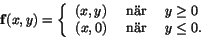 \begin{displaymath}\mathbf f(x,y)=\left\{
\begin{array}{rcl}
(x,y)&\mbox{ nr }&y\geq 0\\
(x,0)&\mbox{ nr }&y\leq 0.
\end{array}\right.\end{displaymath}