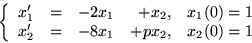 \begin{displaymath}
\left\{ 
\begin{array}
{rrrrr}
 x_1^\prime & = &-2x_1 &+x_2,...
 ...\\  x_2^\prime & = &-8x_1 &+p x_2, & x_2(0)=1\end{array}\right.\end{displaymath}