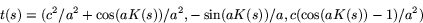 \begin{displaymath}
t(s)=(c^{2}/a^{2}+\cos(aK(s))/a^{2},-\sin(aK(s))/a,c(\cos(aK(s))-1)/a^{2})\end{displaymath}