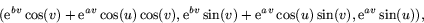 \begin{displaymath}
(\mbox{e}^{bv}\cos(v)+\mbox{e}^{av}\cos(u)\cos(v),\mbox{e}^{bv}\sin(v)+\mbox{e}^{av}\cos(u)\sin(v),\mbox{e}^{av}\sin(u)),\end{displaymath}