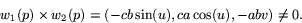 \begin{displaymath}
w_{1}(p)\times w_{2}(p)=(-cb\sin(u),ca\cos(u),-abv)\not=0.\end{displaymath}