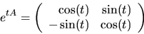 \begin{displaymath}
e^{tA}=\left(
\begin{array}
{rr}
\cos(t)&\sin(t)\\ -\sin(t)&\cos(t)
\end{array}\right)
\end{displaymath}