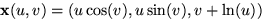 $\mathbf
 x(u,v)=(u\cos(v),u\sin(v),v+\ln(u))$