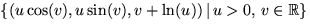 $\{(u\cos(v),u\sin(v),v+\ln(u))\,\vert\,u\gt,\,v\in
 \mathbb R\}$