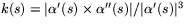 $k(s)=\vert\alpha'(s)\times\alpha''(s)\vert/\vert\alpha'(s)\vert^{3}$